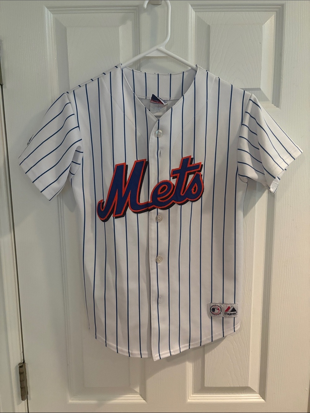 Majestic Mets Pinstripe Baseball Jersey in White, Blue and Orange
